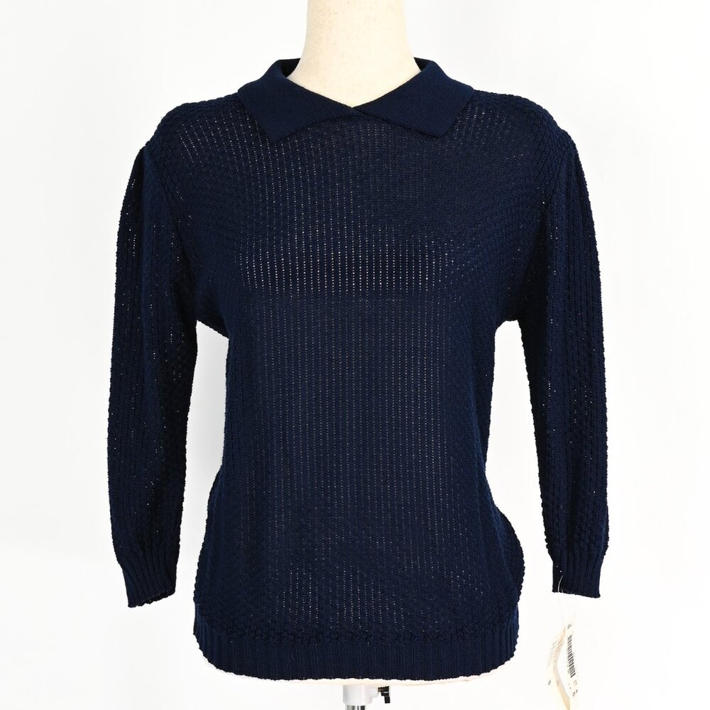 DEADSTOCK -Vintage 80s BRIGHT LIGHTS Dark Blue See-Through Polo Style Sweater-L